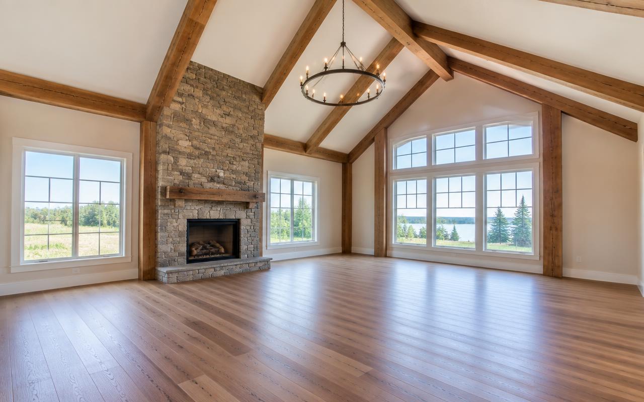 Farmhouse great room, vacant before virtual staging