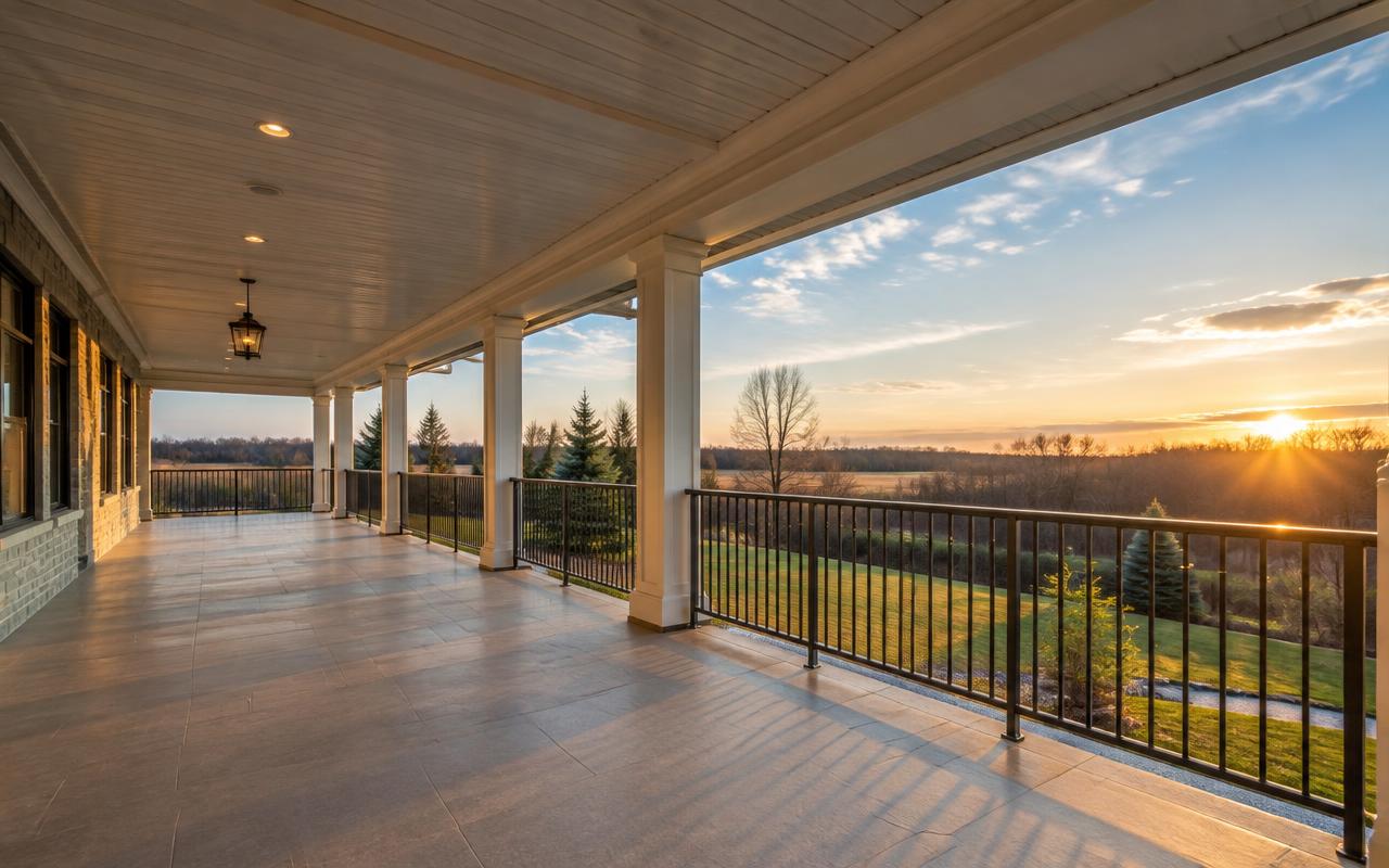 Country estate covered veranda, vacant before virtual staging