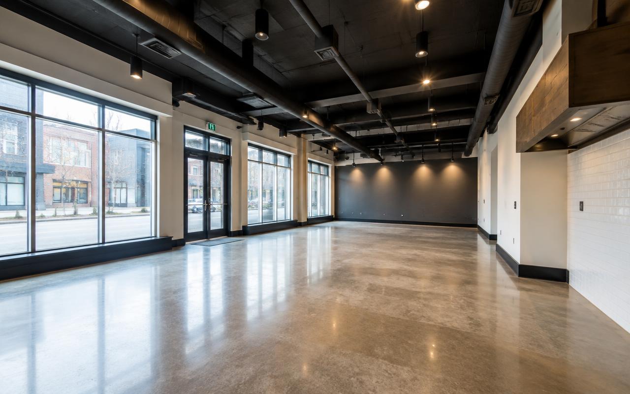 Boutique bistro dining room, vacant before virtual staging